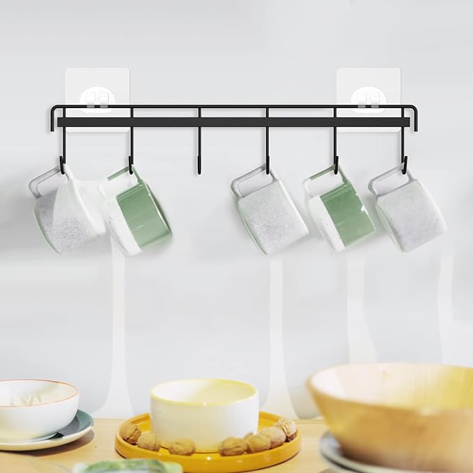 Myfolrena Adhesive Kitchen Hooks Utensil Hanger Holder Hanging Rack 2 Pack, Hanging Rack Wall Mounted Kitchen Rail for Spoons Pot Coffee Mug Cups Tags(Black)