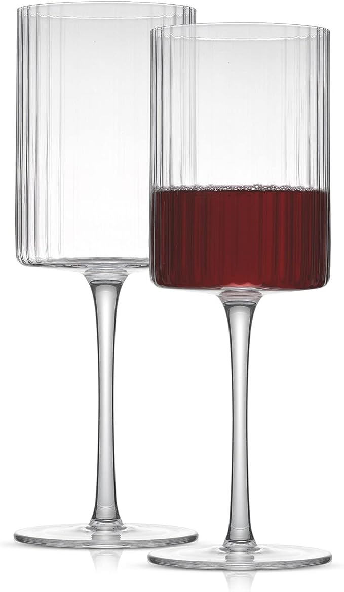 JoyJolt Elle Fluted Wine Glasses, 17.5oz Red Wine Glass Set of 2, Unique Stemmed Glass, Big Long Stem Cocktail Vintage Style Drinking Glasses