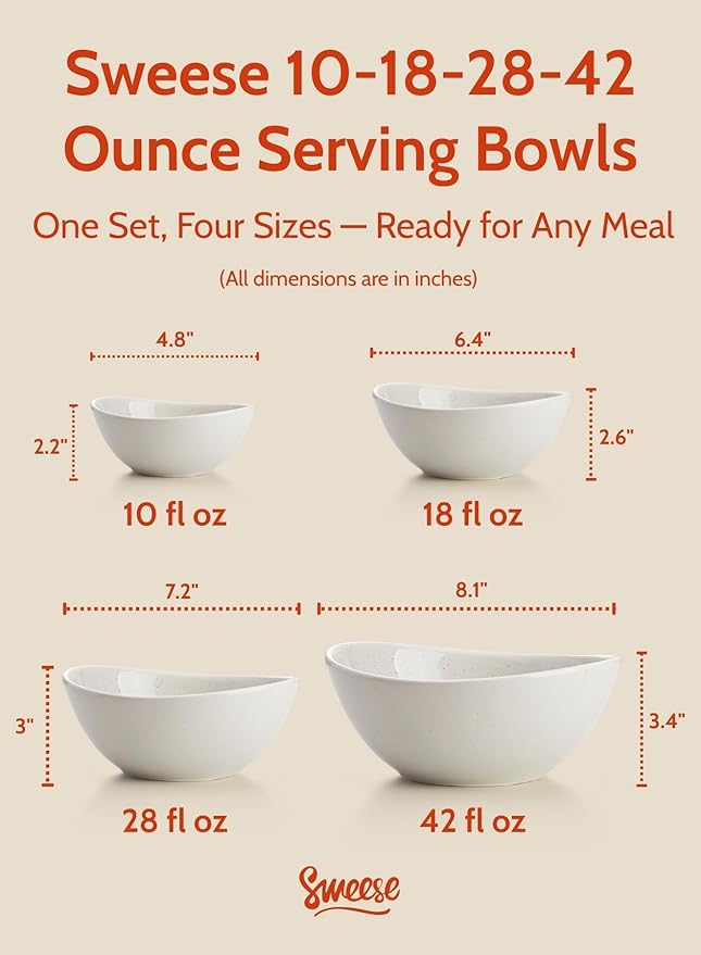 Sweese Porcelain Bowl Set - Serving, Prep, Salad, Dishwasher Microwave Safe, 10/18/28/42 oz, White Grey