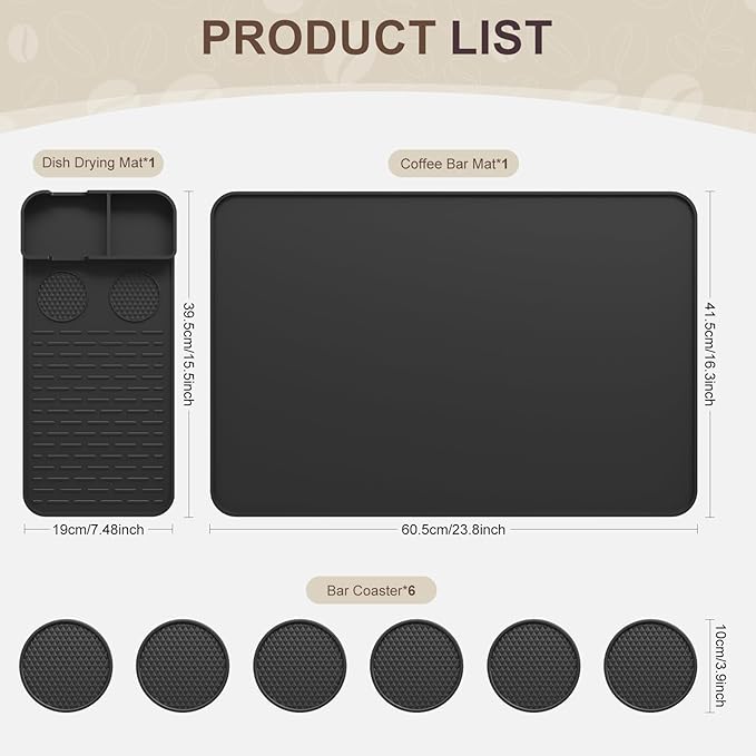 Silicone Coffee Mat with 6 Coasters,24"x16" Counter Bar Mat Fits Under Coffee Maker/Pot & Espresso Machine, Bar Aceessories,Detachable Drying Pad for Tamper,Sugar Packets,Cups & Countertop Protection