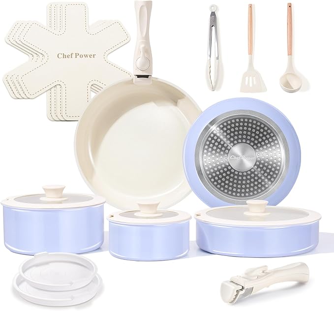 Chef Power Ceramic Nonstick Pots and Pans Set 19 Piece with Detachable Handle, Induction Dishwasher Oven Safe Cookware Set, RV Kitchen Set Removable Handle (Light Purple)