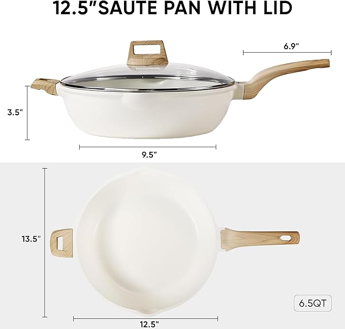 CAROTE 12.5Inch Nonstick Deep Frying Pan with Lid, 6.5 Qt Jumbo Cooker Saute Pan with Pour Spout, Skillet Induction Cookware, Non Stick Cooking Pan Kitchen Pan PFOA Free, White Granite