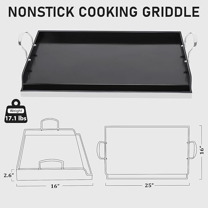 Utheer 25" x 16" Ceramic Nonstick Stainless Steel Griddle for Gas Grill, Charcoal, Large Stove Top Griddle, Non-Toxic, PFAS/PFOA/PTFE Free, Oven Up to 500°F, for BBQ, Camping & Kitchen, Black