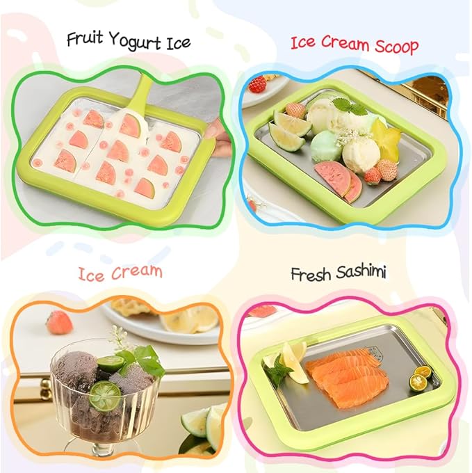 Rolled Ice Cream Maker Kit, At-Home Rolled Ice Cream Machine with Instant Freeze Tray & 2 Scrapers, DIY Rolled Ice Cream Tray for Kids & Adults, Stainless Steel Frozen Dessert Maker (Green)