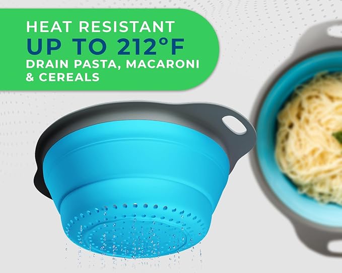 Ultimate Kitchen Strainers Set of 2 - Collapsible Silicone Colanders For Easy Storage by Comfify - Use with Pasta & Veggies or as a Fruit or Berry Bowl with Strainer - Irreplaceable for Campers - Blue