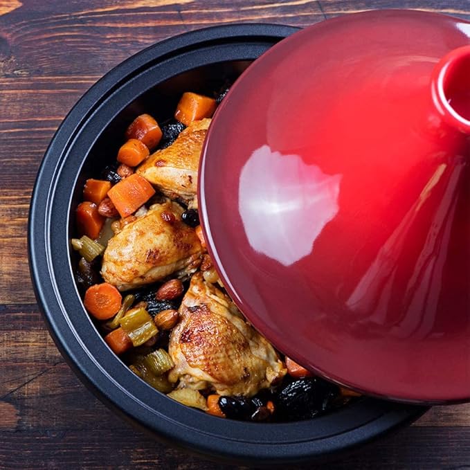 KooK Moroccan Tagine, Enameled Cast Iron Cooking Pot, Tajine with Ceramic Cone-Shaped Closed Lid, 3.3 QT, (Crimson)