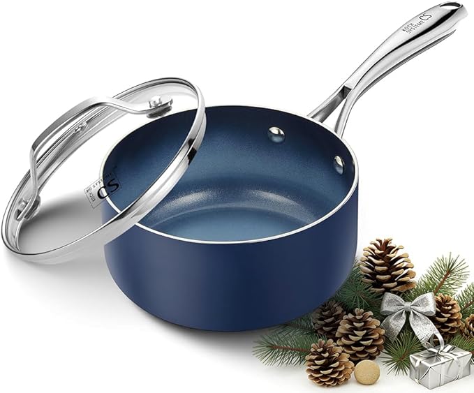 KOCH SYSTEME CS Nonstick Sauce Pan with Lid, 1 Quart Saucepan with Lid, 1 QT Nonstick Ceramic Small Sauce Pan with Stainless Steel Handle, Non-Toxic Ceramic Saucepan, Oven Safe, Gradient Blue