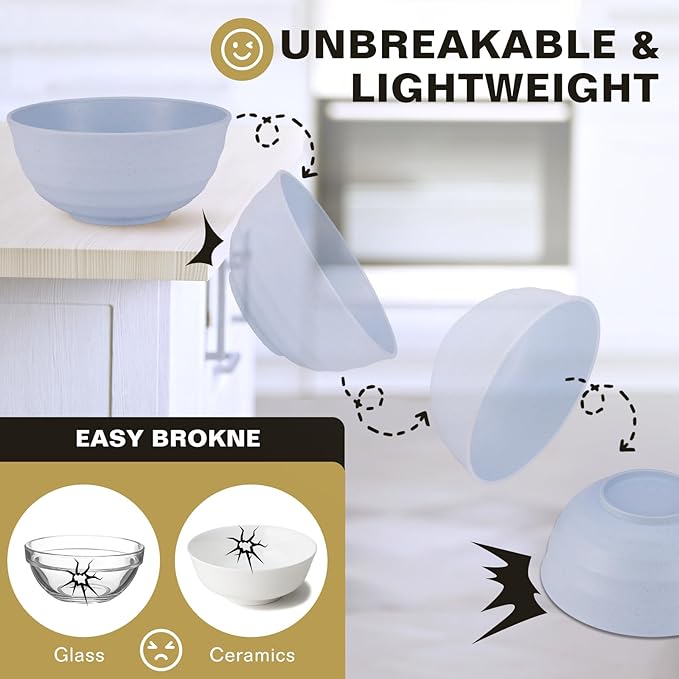 Microwave Safe Bowls 60 Oz, Deep Large Plastic Cereal Soup Bowls Set of 8, Unbreakable Reusable Wheat Straw Dinnerware Sets Dishwasher Safe BPA-Free for Kitchen Salad Ramen, Multicolor