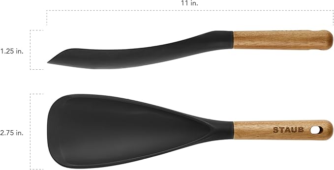 STAUB Multifunction Spatula Spoon, Great for Both Cooking and Serving Durable BPA-Free Matte Black Silicone, Acacia Wood Handles, Safe for Nonstick Cooking Surfaces