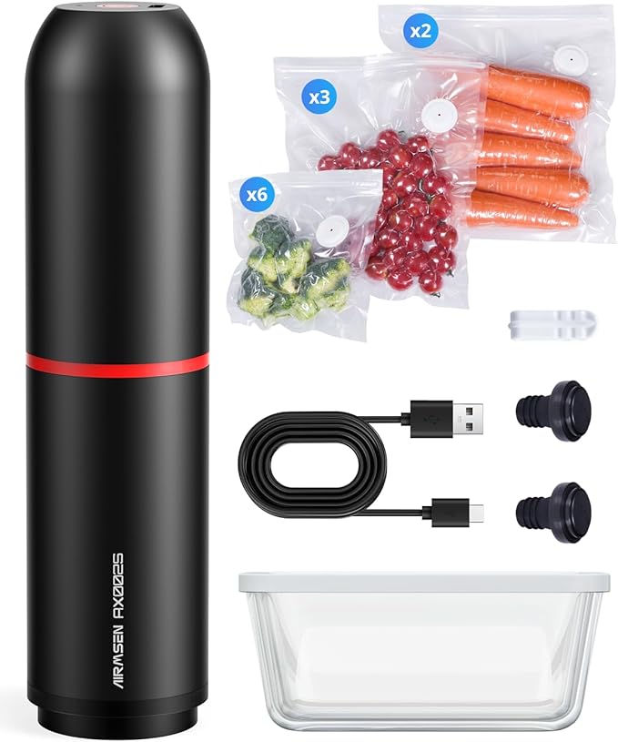 AIRMSEN Handheld Vacuum Sealer with 1.4L Glass Vacuum Container and 11 PCS Reusable Sous Vide Bags, Compact Vacuum Sealer Machine for Food Storage