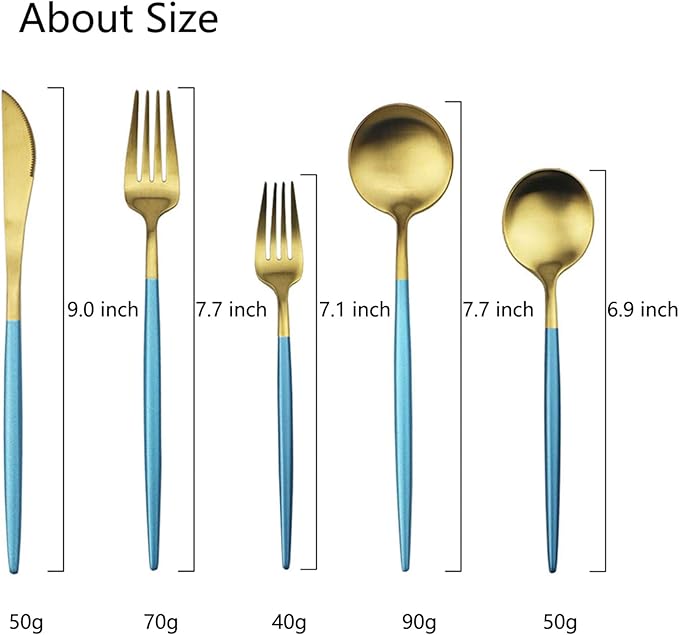 JASHII Luxury 18/10 Blue Handle Flatware Gold Silverware Set 304 Stainless Steel Flatware Cutlery Set| 20-Piece Adaline Royal Modern Satin Finish| BEST Birthday Wedding Gift (Blue Handle Matte Gold)