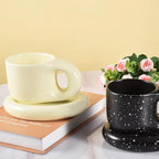 Koythin Ceramic Coffee Chubby Mug Saucer Set, Creative Cute Fat Handle Cup with Saucer for Office and Home, Dishwasher and Microwave Safe, 10 oz for Latte Tea Milk (Beige)