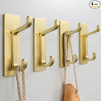 Self Adhesive Wall Hooks for Hanging: Extra Strong 13 LB, Hook for Coat, Towel in Bathrooms, Shower, Kitchen, Wall, Door Hook, Brushed Gold 4 Pack