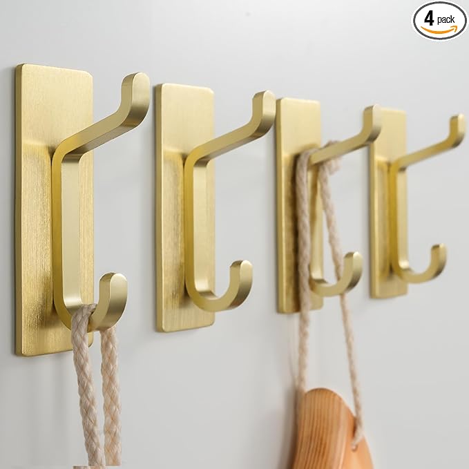 Self Adhesive Wall Hooks for Hanging: Extra Strong 13 LB, Hook for Coat, Towel in Bathrooms, Shower, Kitchen, Wall, Door Hook, Brushed Gold 4 Pack