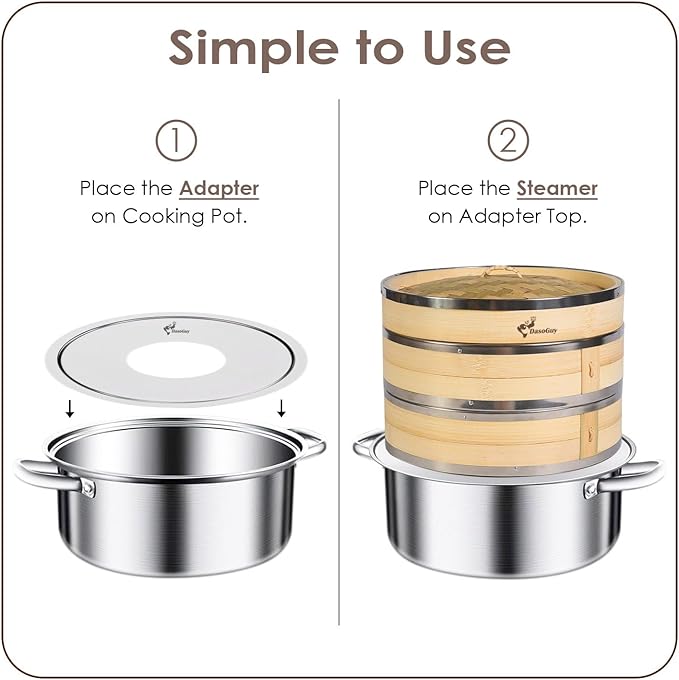 Stainless Steel Steamer Adapter, Fits 7 to 10 Inch Bamboo Steamer Basket, Steaming Ring for Asian Food, Cooking Dumpling, Dim Sum, Rice, Veggies, Vegetable, Chinese Steam Pot