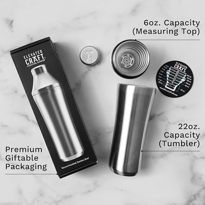 Elevated Craft Hybrid Cocktail Shaker - Premium Vacuum Insulated Stainless Steel Cocktail Shaker - Innovative Measuring System - Martini Shaker for the Home Bartender - 28oz Total Volume