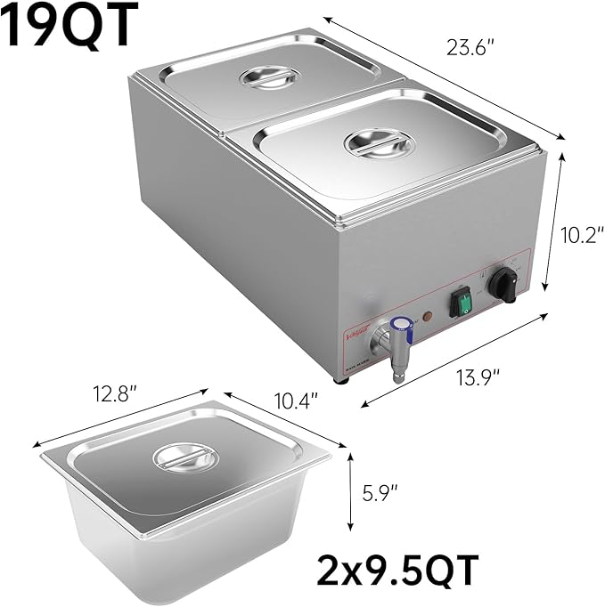 Valgus Commercial Grade Stainless Steel 2 Sections 19 Qt Bain Marie Buffet Food Warmer Steam Table with Lid and Tap for Home and Restaurants