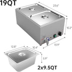 Valgus Commercial Grade Stainless Steel 2 Sections 19 Qt Bain Marie Buffet Food Warmer Steam Table with Lid and Tap for Home and Restaurants