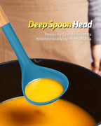 Silicone Pasta Fork and Ladle Spoon Set with Wooden Handle, Heat Resistant Non Stick Kitchen Utensils for Cooking, Stirring, Serving Spaghetti, Soup, Sauce(BLUE)