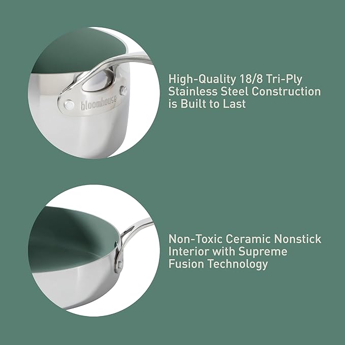 Bloomhouse - Two Time Oprah's Favorite Things Winner - 8 Piece Triply Stainless Steel Pots and Pans Cookware Set W/Sage Green Non Toxic Pro Ceramic Non Stick Interior