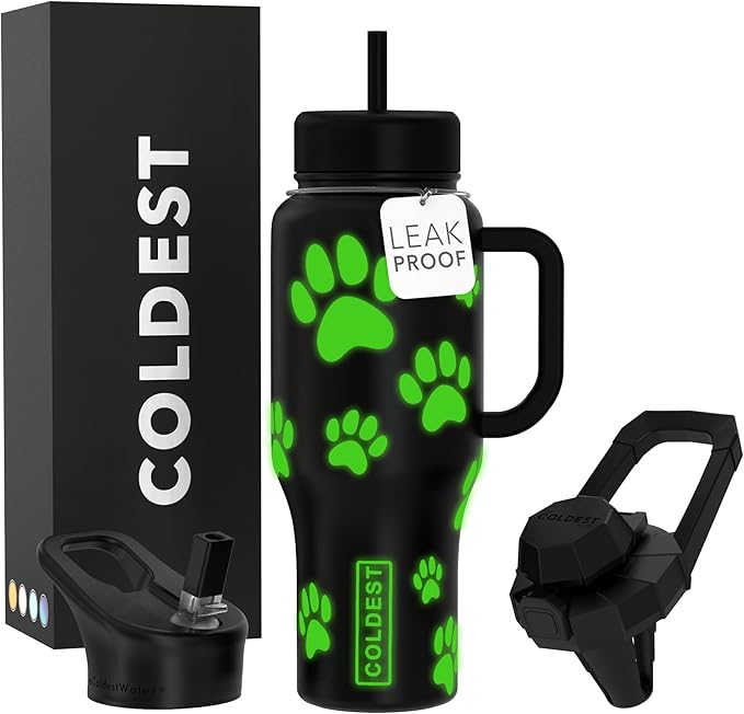Coldest Tumbler with Handle and Straw - 100% Leak Proof Insulated Tumbler with Lid and Straw (3 Lids) - Stainless Steel Tumblers for Women & Men - Cup Holder Friendly Base, 36 oz (Glowie Paws)