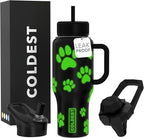 Coldest Tumbler with Handle and Straw - 100% Leak Proof Insulated Tumbler with Lid and Straw (3 Lids) - Stainless Steel Tumblers for Women & Men - Cup Holder Friendly Base, 36 oz (Glowie Paws)