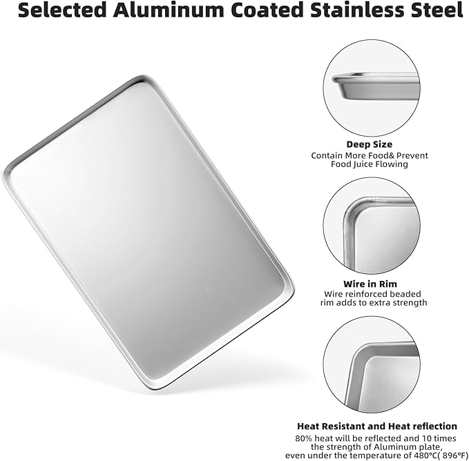 CROSSON 16× 24 Inch Cookie Sheet Pans Set of 3-Baking Tray Jelly Roll Pan Set Commercial Grade Aluminum Coated Statinless Steel Bun Pan for Oven,Freezer,Bakery Hotel Restaurant