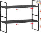 2Pack Expandable Cabinet Countertop Shelves 16.5-27’’L, Adjustable Metal Spice Rack Organizer, Stackable Kitchen Counter Storage Shelves Organizers for Cabinet Organization, Black