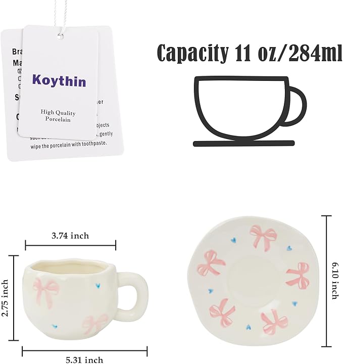 Koythin Ceramic Coffee Mug with Saucer Set, Cute Pink Big Bow Cup Unique for Office and Home, 10 oz/300 ml for Latte Tea Milk