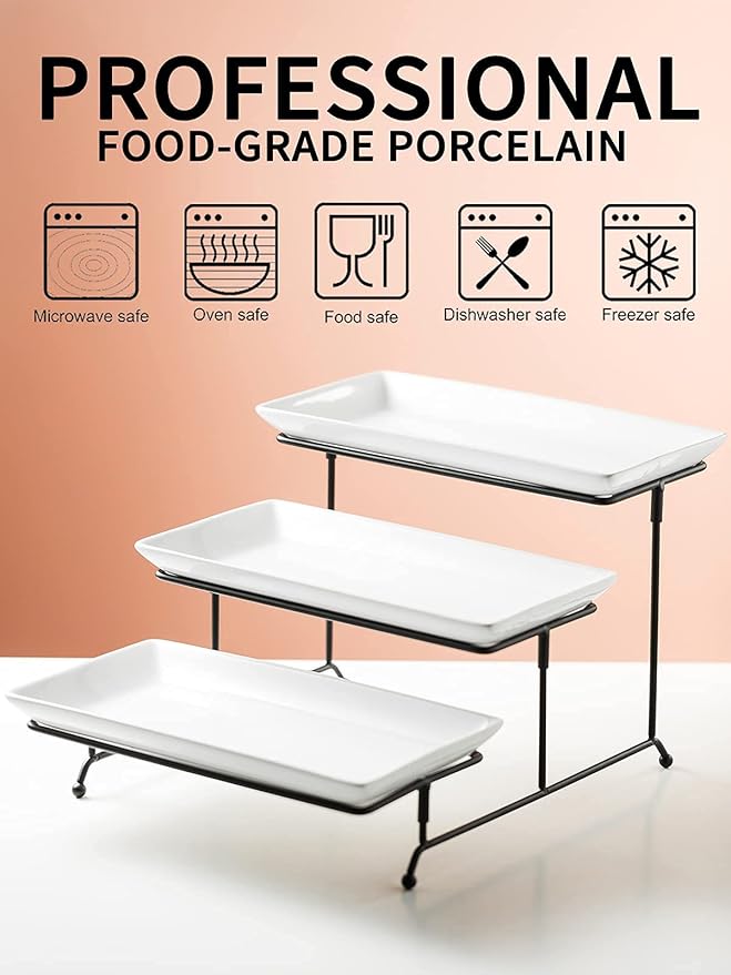 Gomakren 3 Tier Serving Trays Stand Porcelain Serving Platters 12 Inch White Serving Plates Dinner Platters for Appetizer Snack Fruit Cup Cake Server Tray Display Serving Dishes for Entertaining