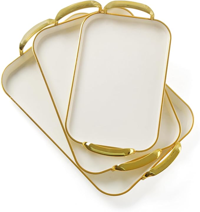 Set of 3 Serving Platters with Handles 16.5/15/13.2 Inch Large Party Serving Trays, Reusable Rectangular White Plastic Trays for Food, Dinner, Cookie, Cake, Turkey, Cheese, Fruit, Appetizer