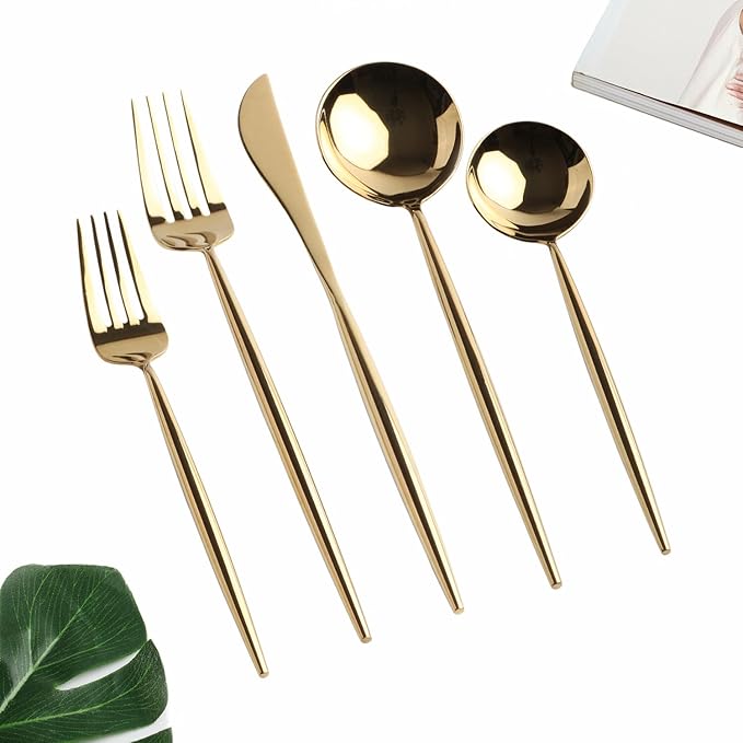 Homelux Theory 18/10 Gold Silverware Set, 5pc Mirror Polished Modern Silverware Set, 18/10 Gold Flatware, Knife Set, Knife Spoons & Forks Set, Modern Cutlery Set of 2