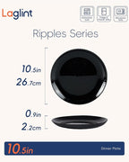 10.5 inch Ribbed Dinner Plate Set of 6, Round Opal Glass Black Dinnerware Plates, Dishwasher and Microwave Safe