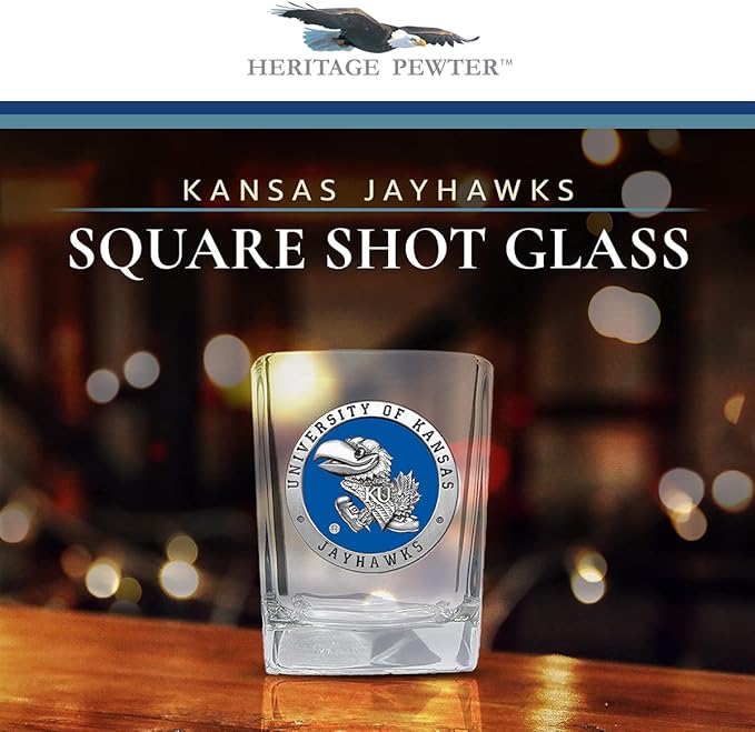 Heritage Pewter University of Kansas Jayhawks Square Shot Glass | Hand-Sculpted 1.5 Ounce Shot Glass | Intricately Crafted Metal Pewter Alma Mater Inlay