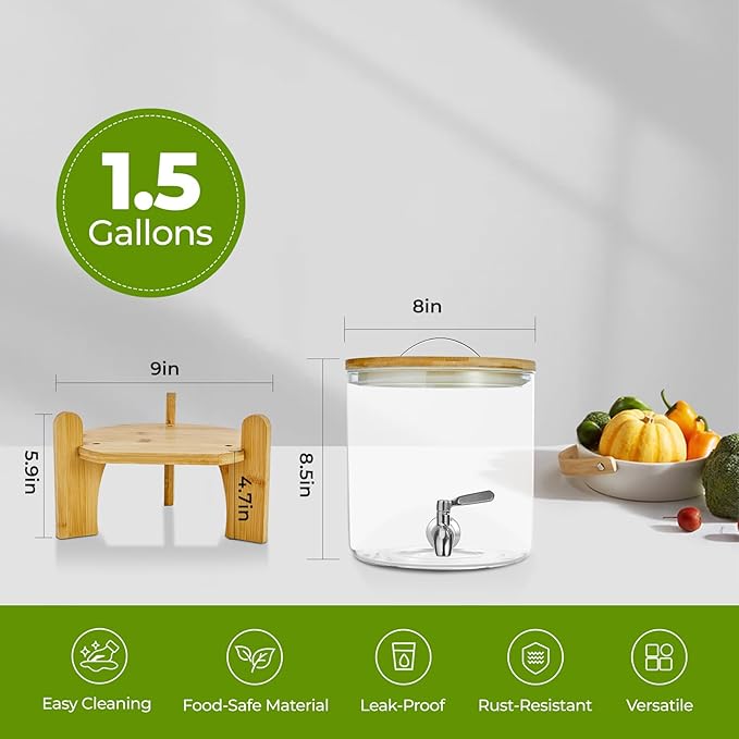 Beverage Dispenser 1.5 Gallon with Spigot Glass Water Dispenser for Parties, Bars, Restaurants (5L）with Wood Stand Drink Dispensers