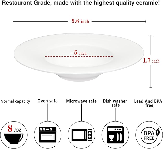 Ceramic Wide Rimmed Soup Plate, Soup Bowl 8 oz, Pasta Bowl Set of 4, White Shallow Bowl Plate with Rim, Best choice for high-end restaurants, hotels, and foodies, 9.6 Inch