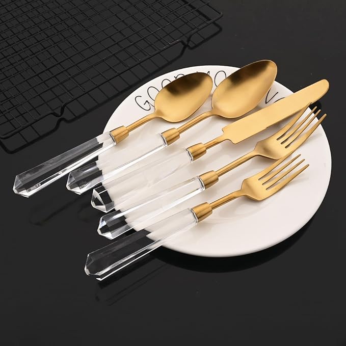 JASHII 5pcs Gold 304 Stainless Steel Flatware Cutlery Set with Transparent Acrylic Handle Diamond Shape, Matte Knife Fork Spoon Set, Dishwasher Safe for Home Wedding Hotel