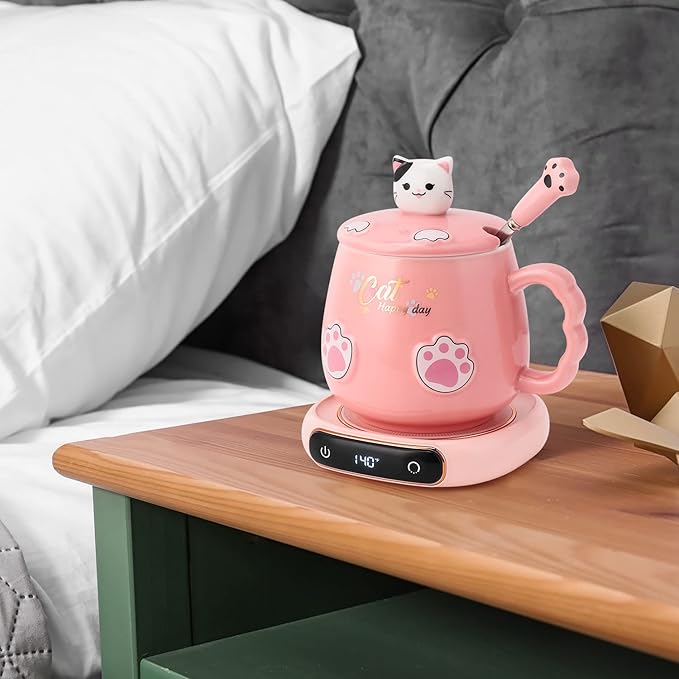 Bgbg Coffee Mug Warmer & Cute Cat Mug Set, Electric Beverage Cup Warmer for Desk Home Office with Three Temperature Up to, Coffee Warmer for Cocoa Milk Tea Water Candle, 8 Hours Auto Shut Off