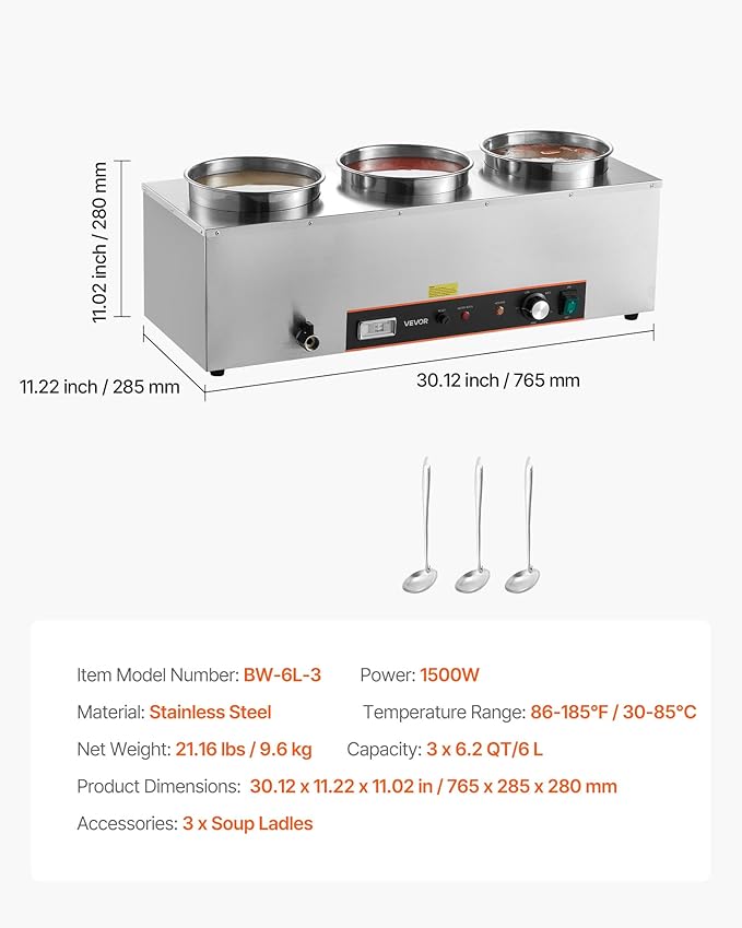 VEVOR Electric Soup Warmer, Three 6.34QT Stainless Steel Round Pot with 86~185°F Adjustable Temp, 1500W Commercial Bain Marie with Anti-Dry Burn and Reset Button, Soup Station for Restaurant, Buffet