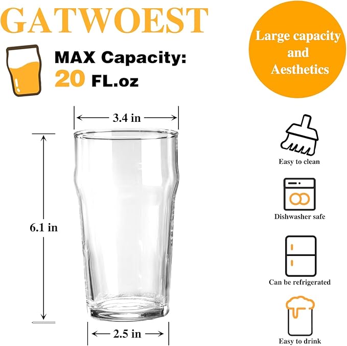 20 oz Beer Glasses Set of 6- Easy to Stack & Lead-Free Classic British Pint Glasses Large Pub Craft Beer Glass for IPA, Pilsner,Clear Tall Glass Cups Great Beer Gifts for Men-Dishwasher Safe