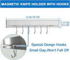 12 Inch Magnetic Knife Holder for Refrigerator with 6 Hooks - Double Sided Magnetic Knife Strip for Fridge - Premium Magnetic Knife Bar Rack - 304 Stainless Steel Kitchen Utensil Hanger