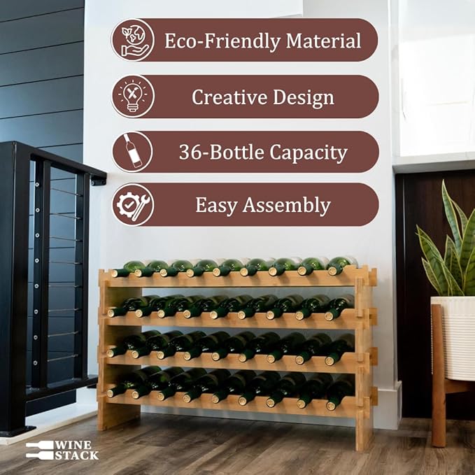 36 Bottle Bamboo Stackable Freestanding Wine Rack, No Tools Assembly, Durable, Wine and Liquor Bottle Storage for Small Spaces