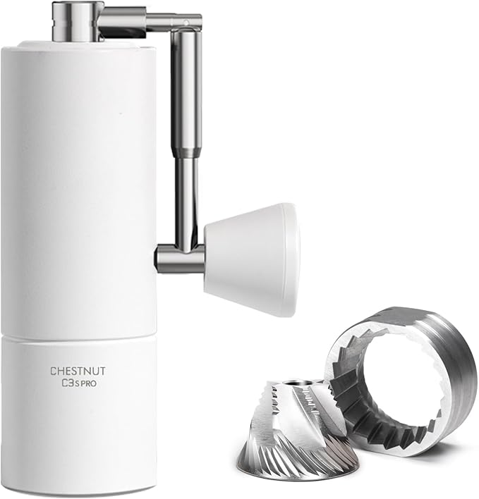 TIMEMORE Manual Coffee Grinder Foldable Handle Burr Coffee Grinder with Capacity 20g Chestnut C3S PRO Internal External Adjustable Setting, Double Bearing Positioning for Travel Camping, Home White