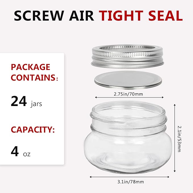 BETROME 4 oz Mason Jars, 24 Pack 120ml Glass Canning Jars with Regular Mouth Lids, Glass Jars Storage Containers for Overnight Oats, Jam, Jelly,Honey, Beans, Spice, Wedding Party Favors, Shower Favors