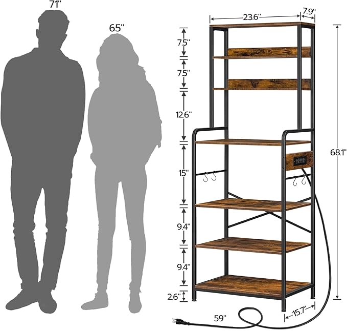 HOOBRO Bakers Rack with Power Outlet, 68.1inch Height Microwave Stand with 4 S-Shaped Hooks, 7-Tier Kitchen Storage Shelf Rack, Coffee Bar, for Kitchen, Living Room, Rustic Brown BF06HB01