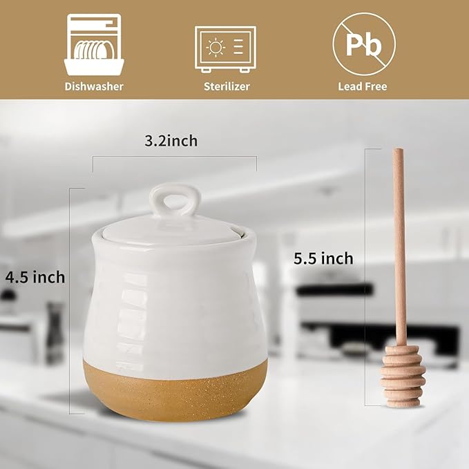Hasense Ceramic Honey Pot with Lid and Dipper Stick, 12 Ounce HoneyJar Dish for Home Kitchen, Farmhouse Honey Container for Christmas Gift, Dishwasher Safe, White