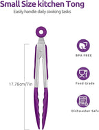 600ºF Heat Resistant Kitchen Tong: U-Taste 7 inch Silicone Cooking Tong with Firm Sealed Non Stick Rubber Tips & Silicon Coated 18/8 Stainless Steel Handle & Smooth Locking for Serving Salad (Purple)
