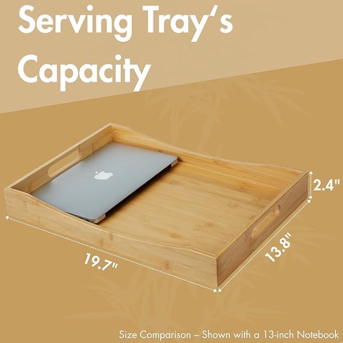 Gobam Bamboo Serving Tray with Built-in Handles, 19.7 x 13.8 inch Large Wooden Breakfast Trays for Bed, Coffee Table & Ottoman, Rectangular Decorative Tray for Entryway, Kitchen, Dining & Living Room