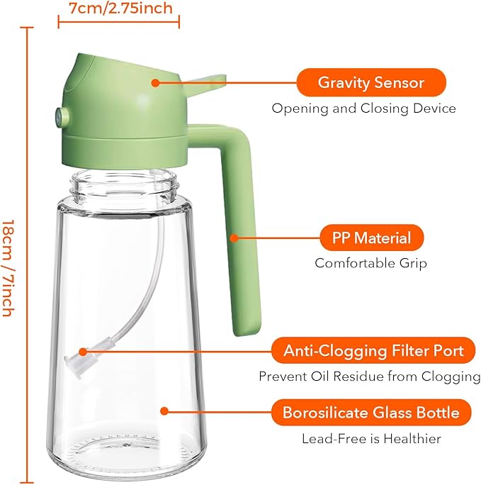 YARRAMATE Olive Oil Dispenser, 2 in 1 Oil Sprayer for Cooking, 16oz/470ml Glass Oil Spray Bottle with Pourer, Food-grade Oil Dispenser and Oil Sprayer for Kitchen, Salad, Frying, BBQ (Black & Green)