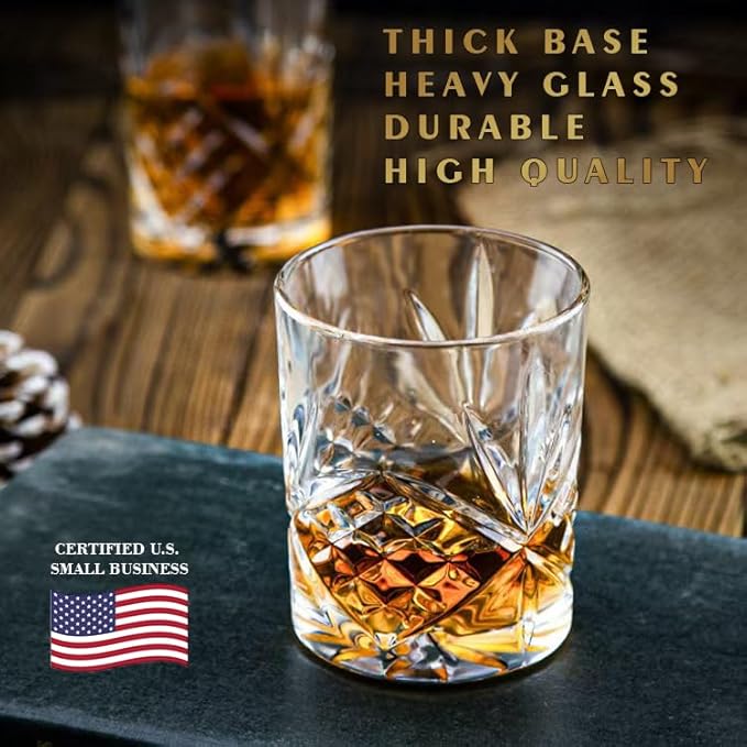 OLD BARREL Whiskey Glasses Set of 8 (4 Glasses with 4 Ice Ball Molds) 10oz Old Fashioned Crystal Glasses Gift Box – Bourbon, Scotch, Cocktail Rocks Glas – Gifts for Men, Dad, Birthday, Christmas Gift